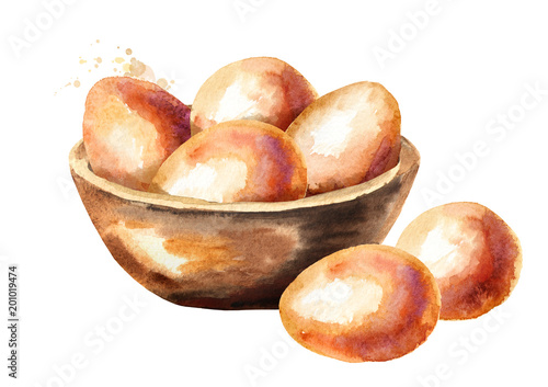 Eggs in a wooden bowl. Watercolor hand drawn illustration  isolated on white background
