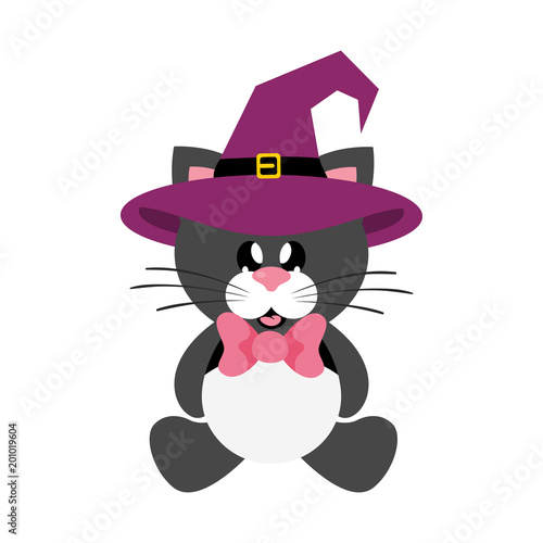 cartoon cute cat black sitting in hat with tie