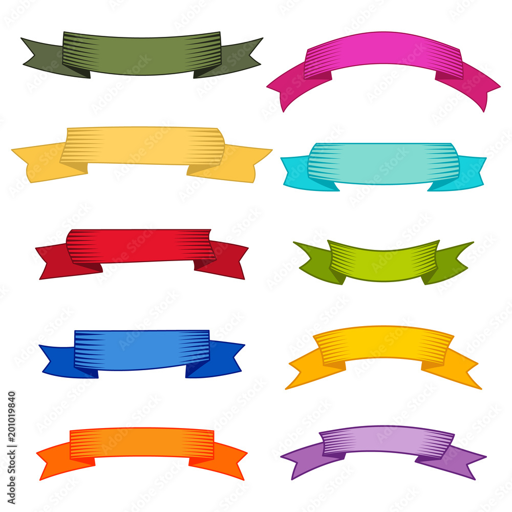 Set of ten multicolor ribbons and banners for web design. Great design element isolated on white background. Vector illustration.
