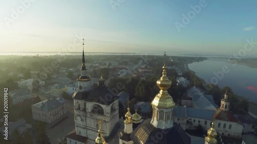 Russian Church in sunrise Velikiy Ustug, kirovsky district aerial view photo