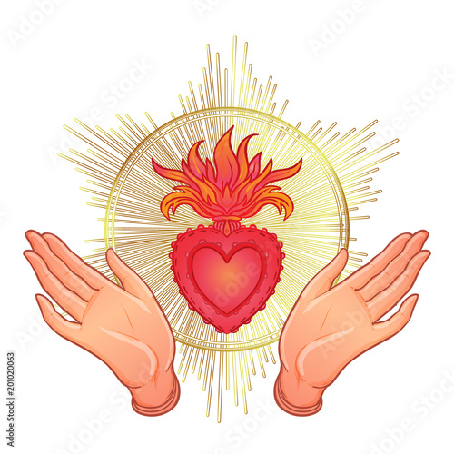 Open praying hands around sacred heart of Jesus. Hope faith and help, assistance and support symbol. Vector color illustration in vintage style isolated on black. Spirituality.