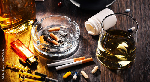Addictive substances, including alcohol, cigarettes and drugs photo