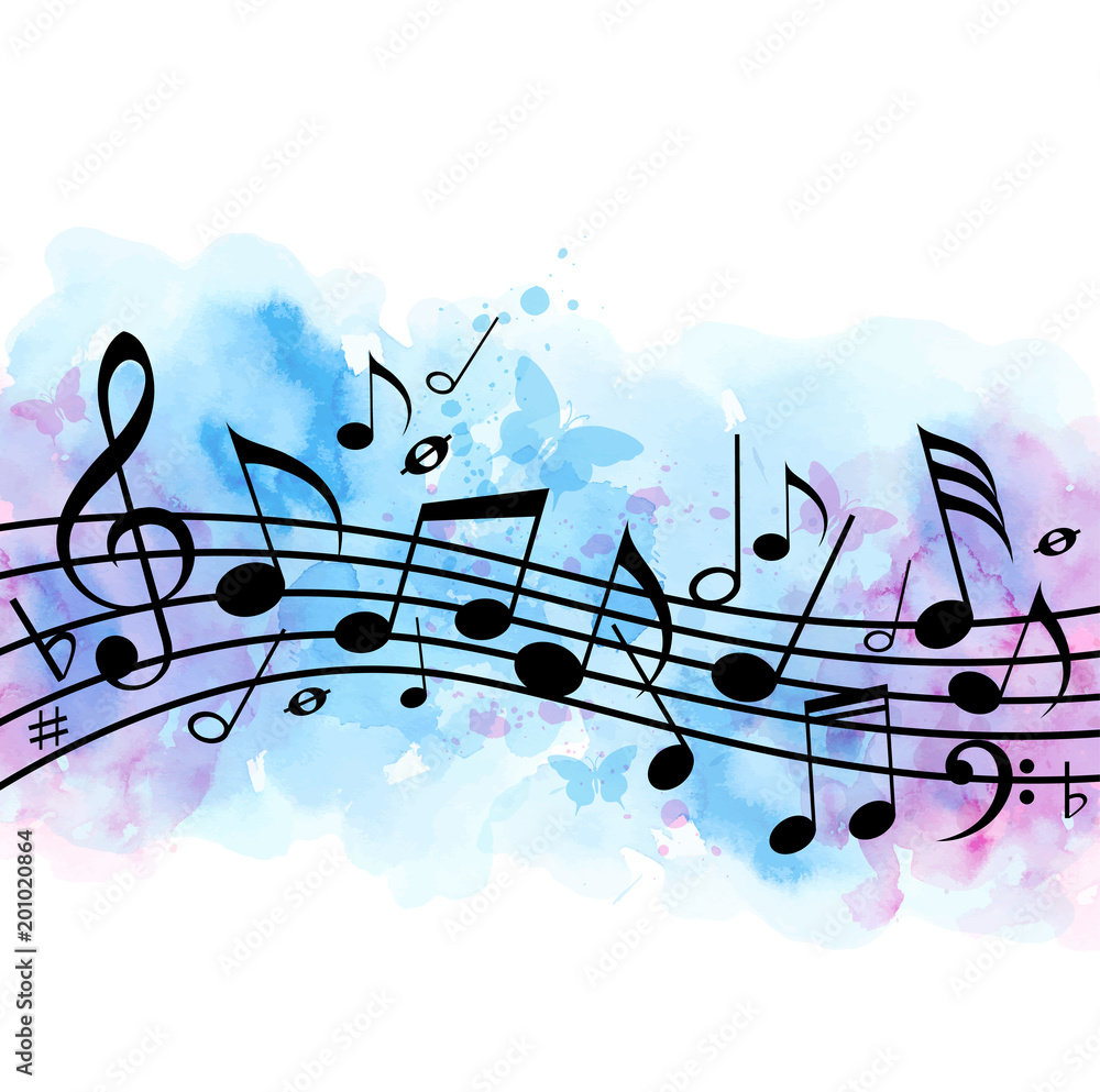 Fototapeta premium Music background with notes and blue watercolor texture