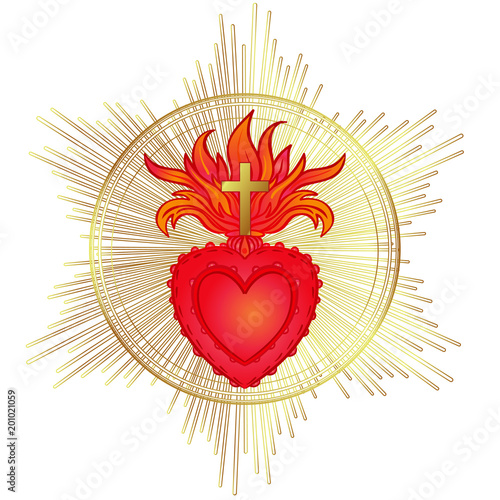 Sacred Heart of Jesus with rays. Vector illustration in red and gold isolated. Trendy Vintage style element. Spirituality, religion, Catholicism, Christianity, occultism, alchemy.