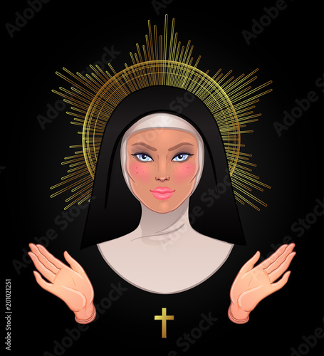 Beautiful young catholic nun with golden halo, open blessing hands and cross. Vector illustration of a praying christian woman isolated on black. Catholicism.