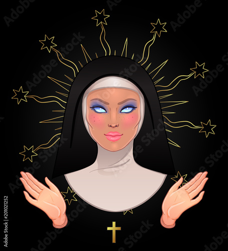 Catholic nun with golden halo and empty creepy eyes. Halloween character concept. Mystic beautiful girl, gothic evil witch. Mysticism, spirituality, occultism. Isolated vector illustration