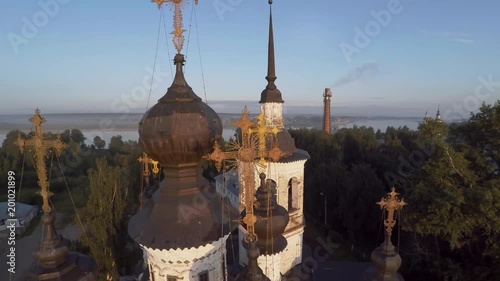 Russian Church in sunrise Velikiy Ustug, kirovsky district aerial view photo