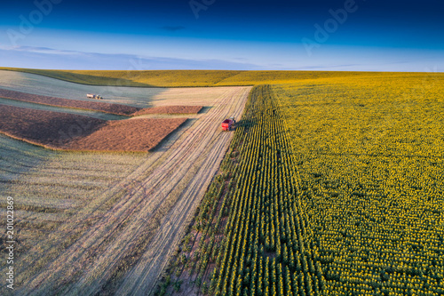 aerial photo of working combine