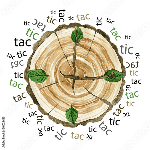 Vector illustration of wood clock-face with leaves and twigs on white background in watercolor and ink.