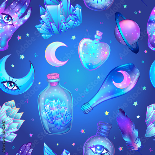 Vector seamless pattern with glass flasks. Magic potions: tubes and bottles. Wrapping paper. Titled illustration. Magical elements: moon, crystals, Saturn,  Alchemy, science.