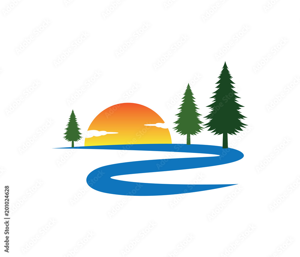 Obraz premium zachód słońca rzeka droga sosna wektor logo projektowanie