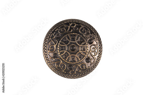 ancient bronze shield on white isolated background