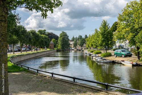 Cityscape of Sneek at Prins Hendrikkade at the Looxmagracht (Looxma canal) in the province Friesland, The Netherlands