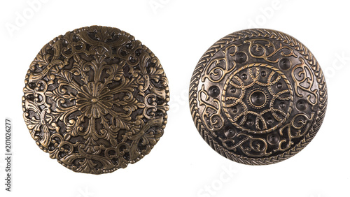 ancient bronze shield on white isolated background
