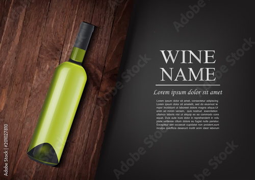 Advertising banner.A realistic bottle of white wine with black label in photorealistic style on wooden dark board,black background like chalk board,text.Wine presentation brochure.Vector illustration