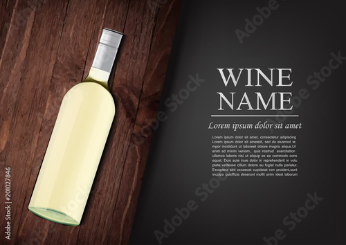 Advertising banner.A realistic bottle of white wine with black label in photorealistic style on wooden dark board,black background like chalk board,text.Wine presentation brochure.Vector illustration
