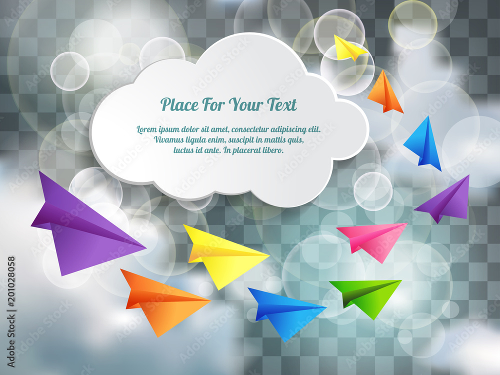 Set of flying color paper planes and white cloud text box in the Set of flying color paper planes and white cloud text box in the