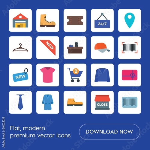 Modern Simple Set of clothes, shopping Vector flat Icons. ..Contains such Icons as coupon, invitation, support, code, wear, gift, casual and more on blue background. Fully Editable. Pixel Perfect