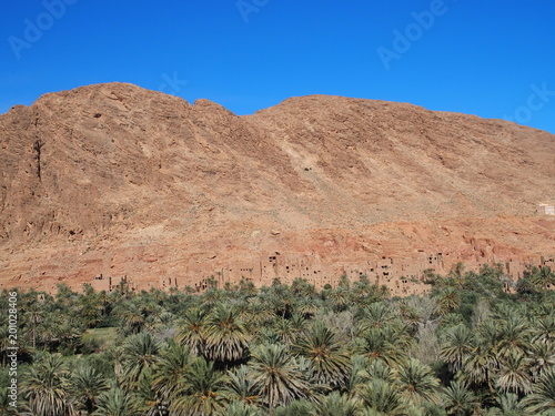 Scenic view of old town of Tinghir, green palm oasis and rocky Atlas Mountains range landscape in southeastern Morocco photo