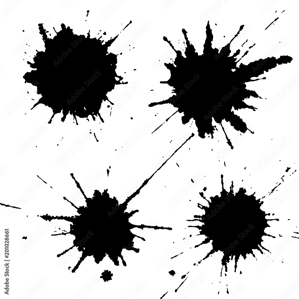 Black ink paint spots. Drops texture isolated on white background. Set for grunge splash textures. Vector illustration. Black ink paint spots. Drops texture isolated on white background. Set for grunge splash textures. Vector illustration.