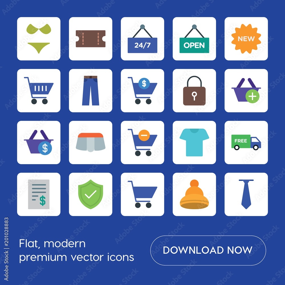 Modern Simple Set of clothes, shopping Vector flat Icons. ..Contains such Icons as buy, shipping, free, background, vacation, baggage and more on blue background. Fully Editable. Pixel Perfect Modern Simple Set of clothes, shopping Vector flat Icons. ..Contains such Icons as buy, shipping, free, background, vacation, baggage and more on blue background. Fully Editable. Pixel Perfect