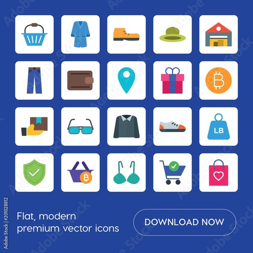 Modern Simple Set of clothes, shopping Vector flat Icons. ..Contains such Icons as  style,  customer,  bikini,  emblem,  airport,  background and more on blue background. Fully Editable. Pixel Perfect