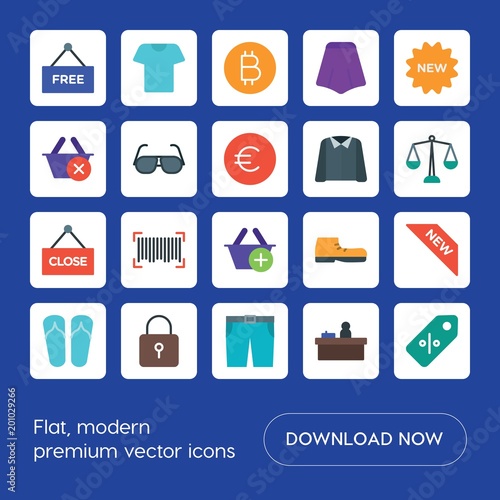 Modern Simple Set of clothes, shopping Vector flat Icons. ..Contains such Icons as lock, counter, scanning, money, comfortable, offer and more on blue background. Fully Editable. Pixel Perfect