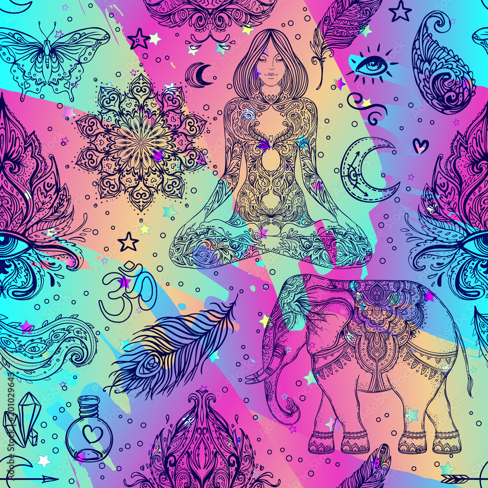 Fototapeta premium Colorful rainbow Seamless pattern of Ornamental Boho Style Elements. Vector illustration. Tattoo template. Trendy hand drawn tribal symbol background.