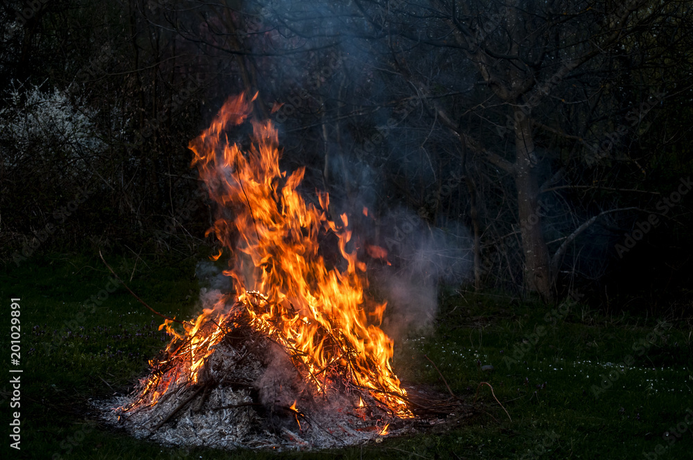 Night fire from burning dry twigs closeup on rural farm meadow Night fire from burning dry twigs closeup on rural farm meadow