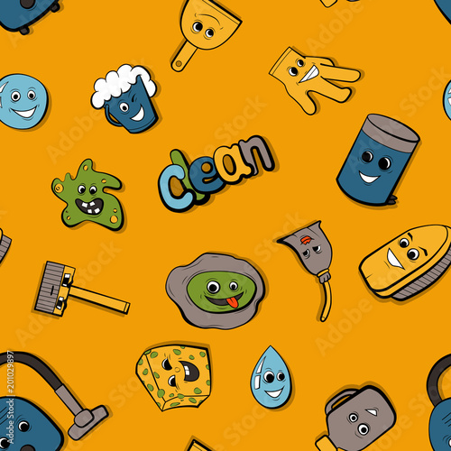 Cute items for cleaning. Household vector illustration. Bright yellow seamless pattern background.