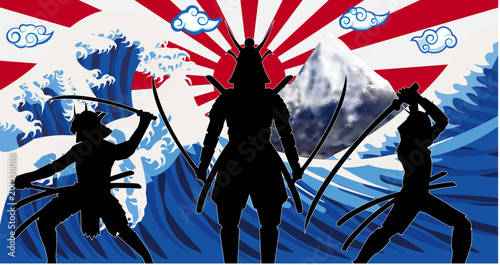 silhouette japan samurai with wave rising sun flag