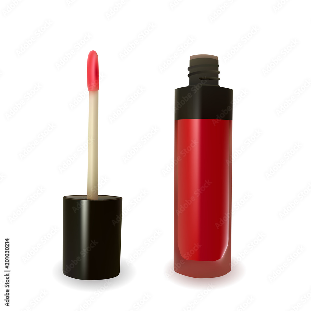 Red lip gloss on white background. Beauty industry. Decorative cosmetic. Vector illustration. Red lip gloss on white background. Beauty industry. Decorative cosmetic. Vector illustration.