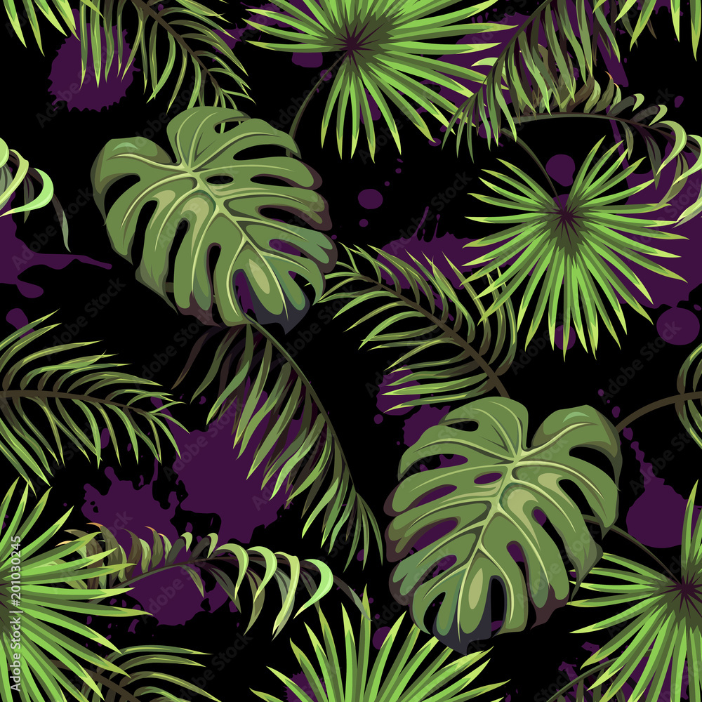 Dark seamless pattern with leaves of palm trees Dark seamless pattern with leaves of palm trees