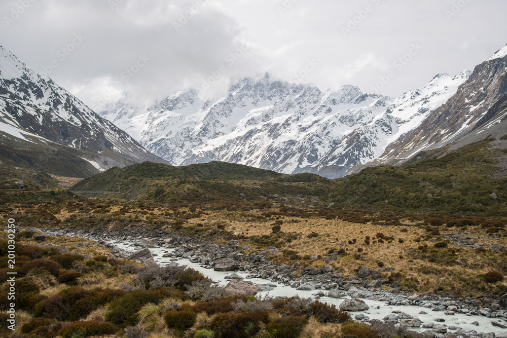 The beautiful landscape of Hooker Valley tracks in Aoraki / Mount Cook the highest mountains in New Zealand.