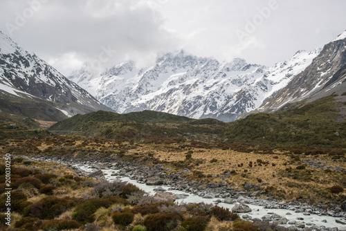The beautiful landscape of Hooker Valley tracks in Aoraki / Mount Cook the highest mountains in New Zealand. © boyloso