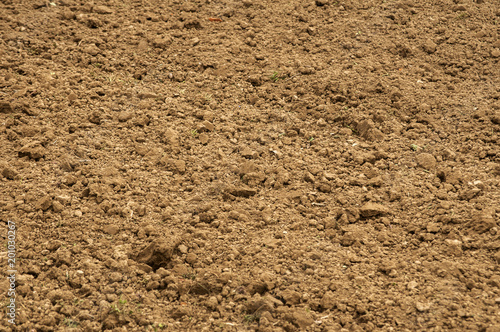 Fertile brown plowed soil prepared for planting closeup as natural background