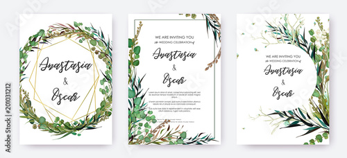 Wedding invitation frame set; flowers, leaves, watercolor, isolated on white. Sketched wreath, floral and herbs garland with green, greenery color. Handdrawn Vector Watercolour style, nature art.