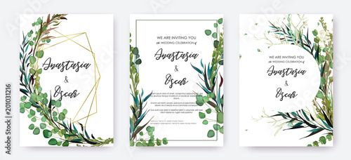Wedding invitation frame set; flowers, leaves, watercolor, isolated on white. Sketched wreath, floral and herbs garland with green, greenery color. Handdrawn Vector Watercolour style, nature art.
