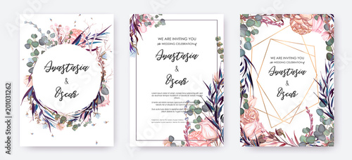 Wedding invitation frame set; flowers, leaves, watercolor, isolated on white. Sketched wreath, floral and herbs garland with green, greenery color. Handdrawn Vector Watercolour style, nature art.