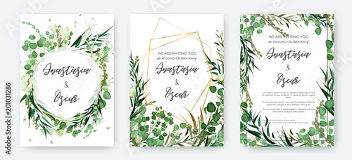 Wedding invitation frame set  flowers  leaves  watercolor  isolated on white. Sketched wreath  floral and herbs garland with green  greenery color. Handdrawn Vector Watercolour style  nature art.