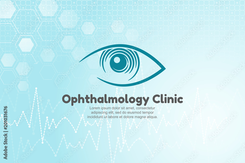 Vector illustration of human eye for ophthalmology clinic. Blue medical background with structure molecule and heart beat Vector illustration of human eye for ophthalmology clinic. Blue medical background with structure molecule and heart beat