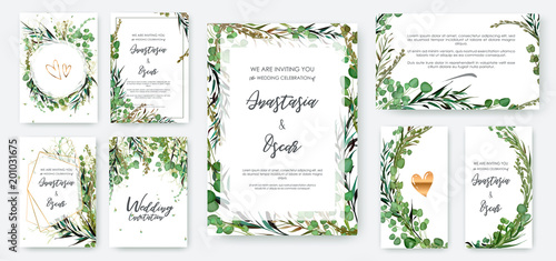 Fotografiet Wedding invitation frame set; flowers, leaves, watercolor, isolated on white