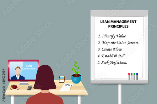 Woman is educating in Lean Management by a man communicating with her from a PC monitor standing on the table. Description of Lean Management Principles is written on the flipchart next to her.