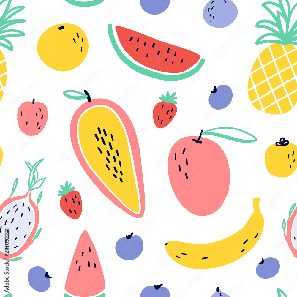 Vector tropical fruit background with pineapple, mango, watermelon, dragon fruit, Pitaya, banana, papaya. Summer exotic fruit seamless pattern with memphis style elements Vector tropical fruit background with pineapple, mango, watermelon, dragon fruit, Pitaya, banana, papaya. Summer exotic fruit seamless pattern with memphis style elements