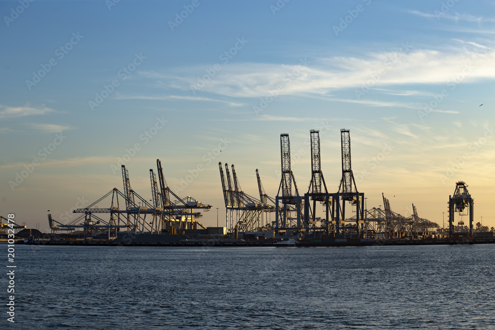 Fototapeta premium Sunset and gradient blue sky on the cranes of the biggest European seaport, Rotterdam, Netherlands
