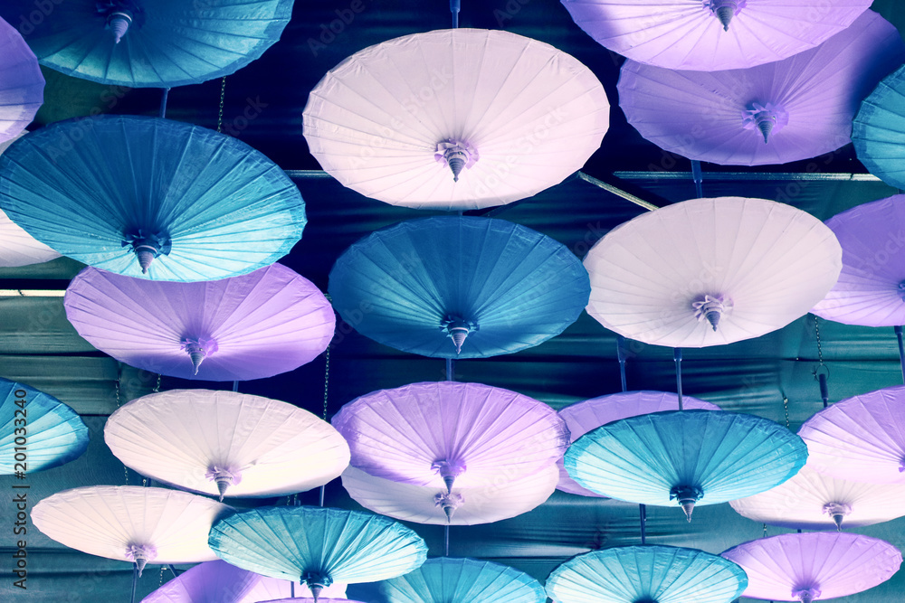 colorful of hand made umbrella hang on ceiling