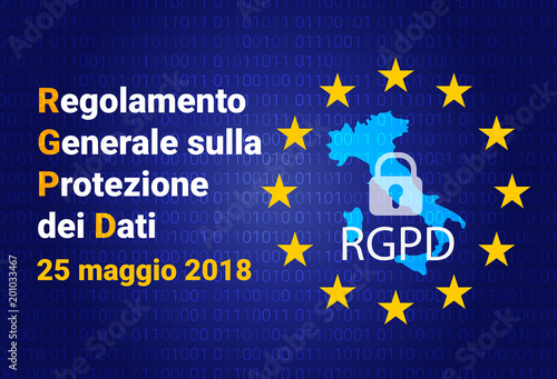 RGDP - italian text: Regolamento generale sulla protezione dei dati. Italy map. GDPR - General Data Protection Regulation. Vector photo