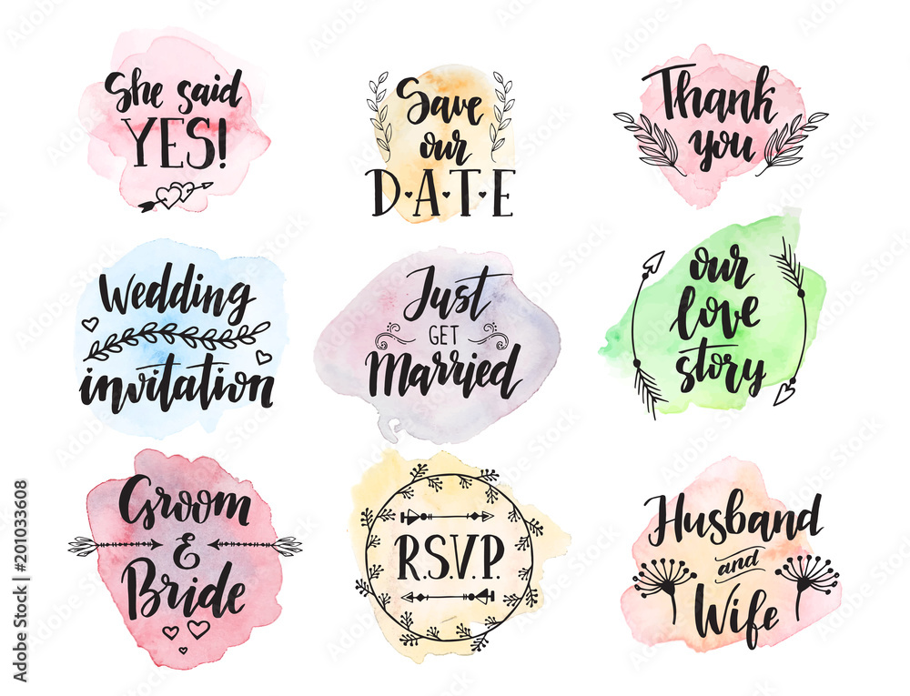 Wedding day marriage proposal phrases text lettering invitation cards calligraphy hand drawn greeting love label romantic vector illustration.