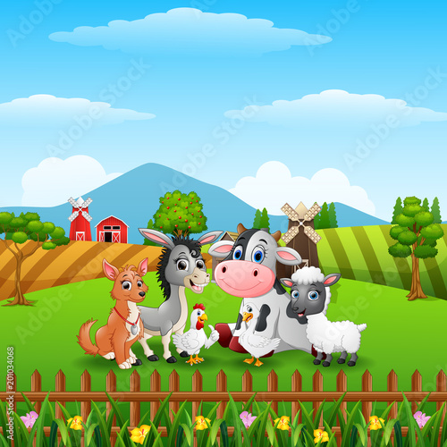 Fototapeta Naklejka Na Ścianę i Meble -  Cute farm animals on the hills