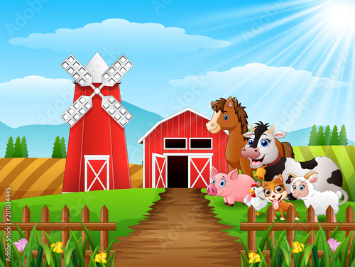 Happy animals at farm background